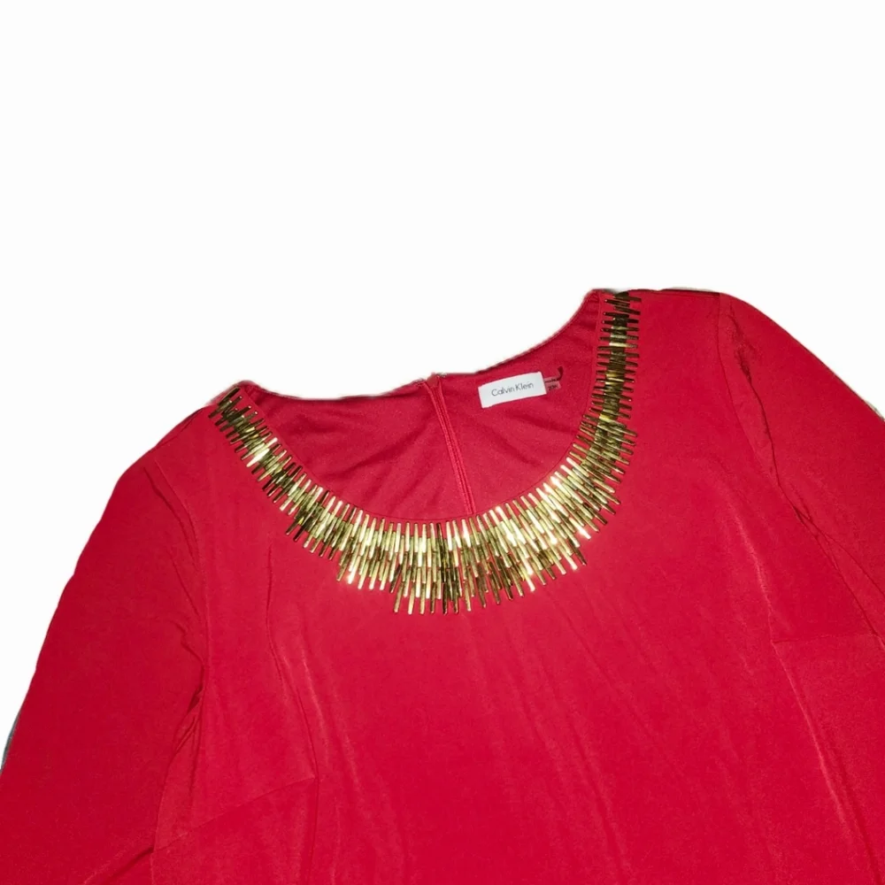 Calvin Klein Red Dress w/ Gold Design - Picture 2 of 5